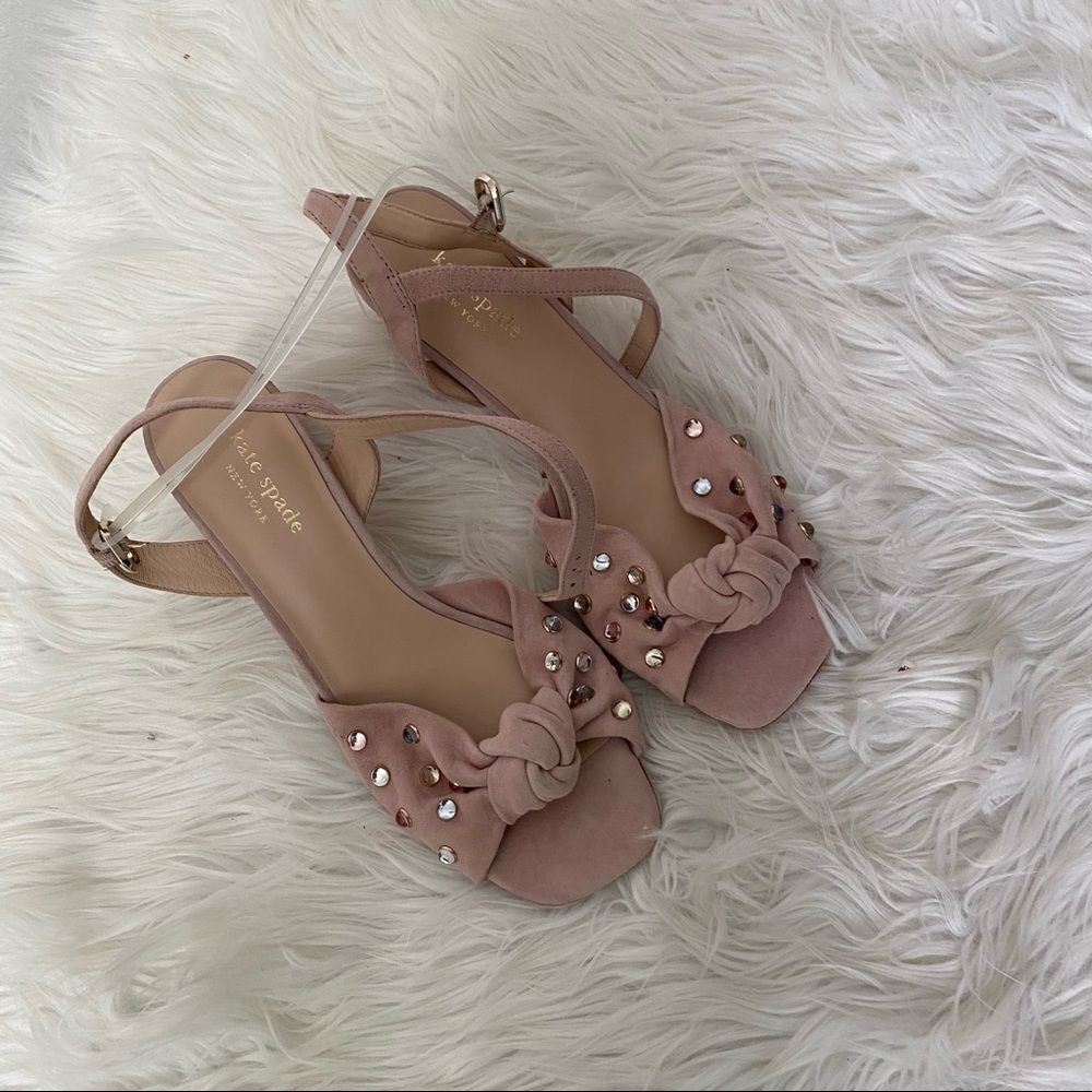 NEW! Kate Spade Emilia pink blush studs suede chunky heels sandals 7.5M